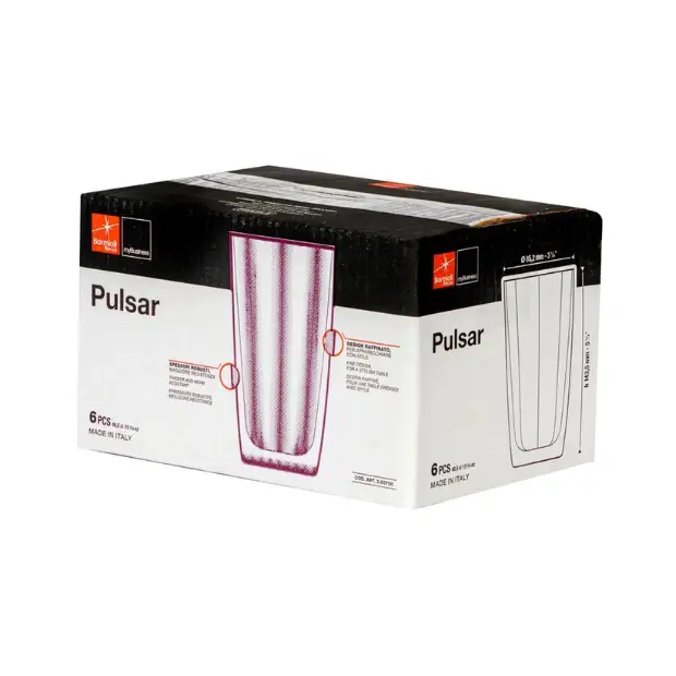 Set of six Bormioli Rocco Pulsar Blue highball whisky tumblers, 470ml, with clear glass and blue accents, on a white background.