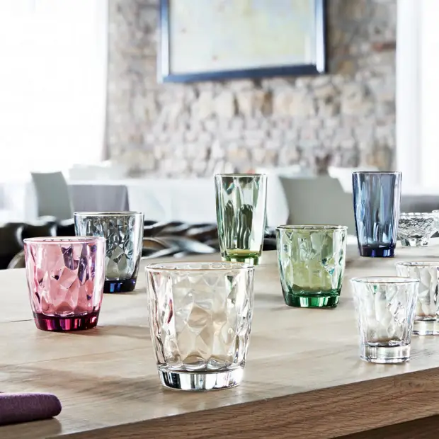 Set of six Bormioli Rocco Pulsar clear highball glasses, 470ml whisky tumblers, with a sleek, modern design.
