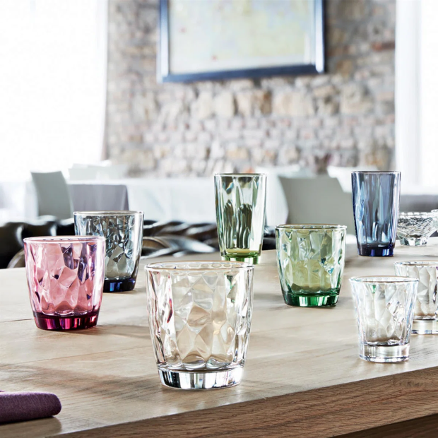 Set of six Bormioli Rocco Pulsar blue highball glasses, 470ml whisky tumblers with clear and blue glass design.
