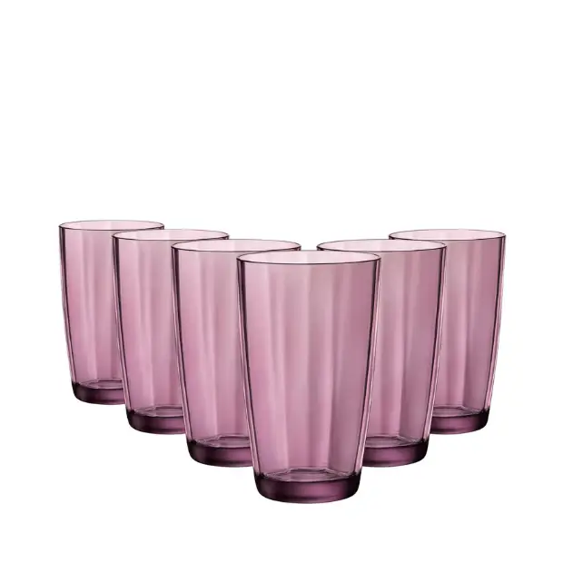 Set of six Bormioli Rocco Pulsar purple highball glasses, 470ml whisky tumblers with a sleek design and vibrant purple color.