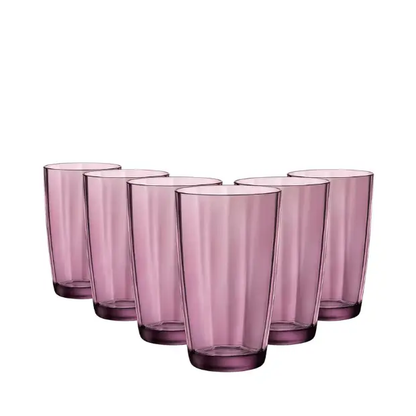 Set of six Bormioli Rocco Pulsar purple highball glasses, 470ml whisky tumblers with a sleek design and vibrant purple color.