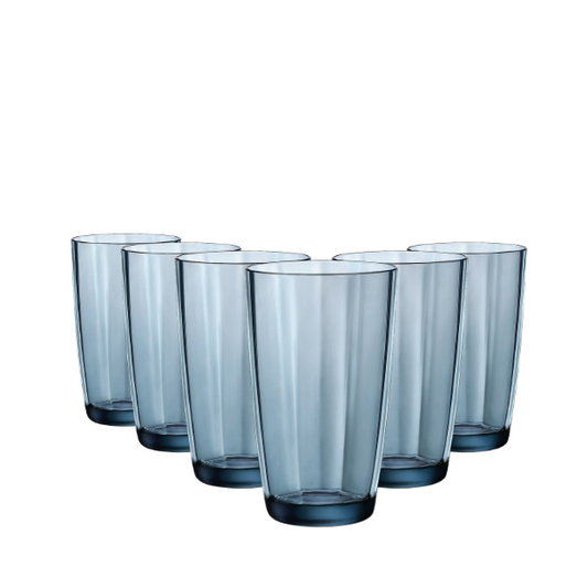 Set of six Bormioli Rocco Pulsar Blue highball glasses, 470ml whisky tumblers with modern blue design, from Glassware UK.