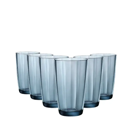 Set of six Bormioli Rocco Pulsar Blue Highball Glasses, 470ml whisky tumblers with a sleek, modern design.