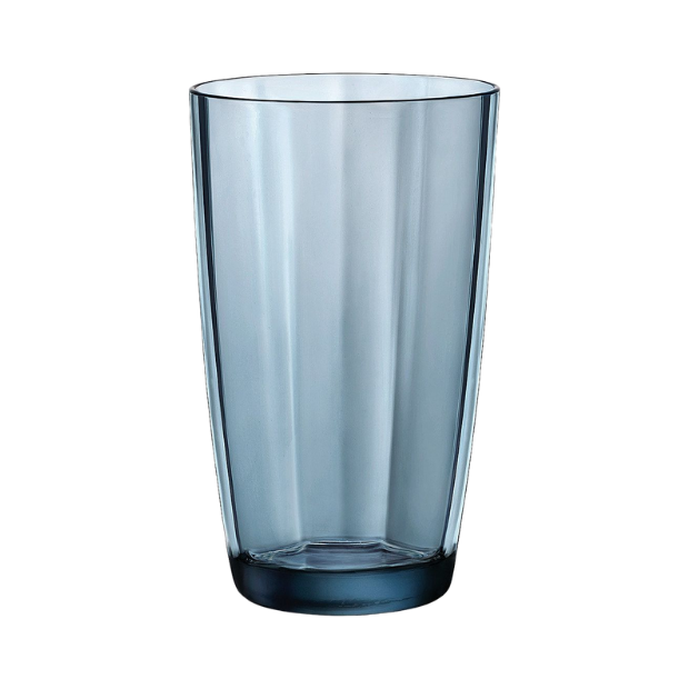 Set of six Bormioli Rocco Pulsar blue highball whisky tumblers, 470ml glassware with modern design features.