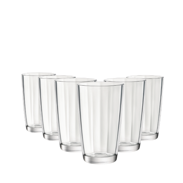 Set of six Bormioli Rocco Pulsar clear highball glasses, 470ml whisky tumblers, stylish glassware from Glassware UK.