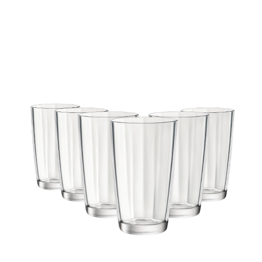 Set of six Bormioli Rocco Pulsar clear highball glasses, 470ml whisky tumblers, stylish glassware from Glassware UK.
