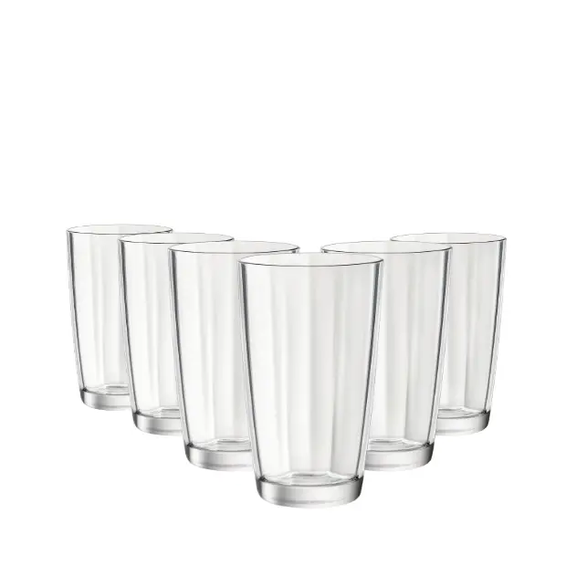 Set of six Bormioli Rocco Pulsar clear highball glasses, 470ml whisky tumblers, with sleek design and transparent glass finish.