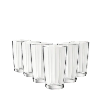 Set of six Bormioli Rocco Pulsar clear highball glasses, 470ml whisky tumblers, with sleek design and transparent glass finish.