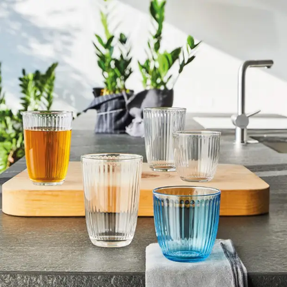 Set of six Bormioli Rocco Line long whisky tumblers, 390ml glassware with clear, elegant design for drinking and serving whiskey.