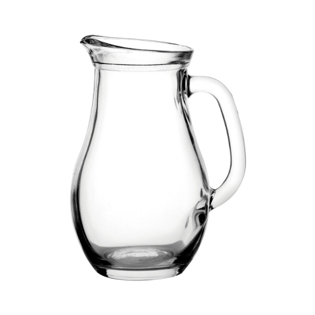 Glassware UK 1L Bistro glass jug with a clear, ergonomic design for serving beverages in a stylish kitchen or dining setting.