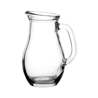 Glassware UK 1L Bistro glass jug, clear and stylish with a handle, perfect for serving beverages at gatherings.