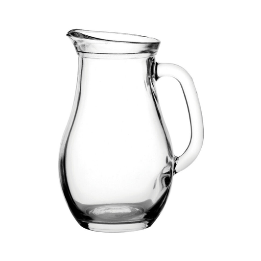 Glassware UK 1L Bistro glass jug with a clear, ergonomic design for serving beverages in a stylish kitchen or dining setting.