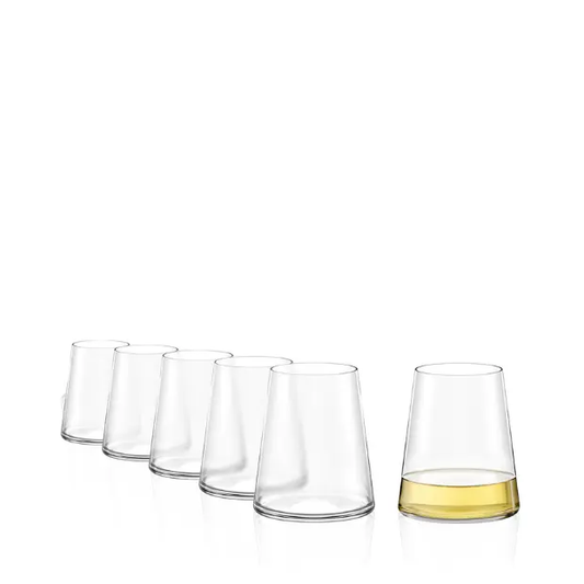 Set of six Stolzle Power stemless white wine glasses, 380ml capacity, clear glassware for white wine, by Glassware UK