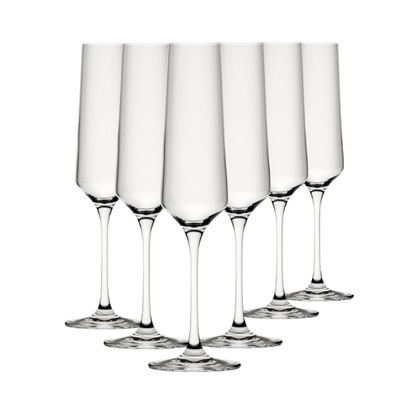 Set of six Murray champagne flute glasses by Glassware UK, 220ml capacity, clear crystal with elegant tall, slender design.