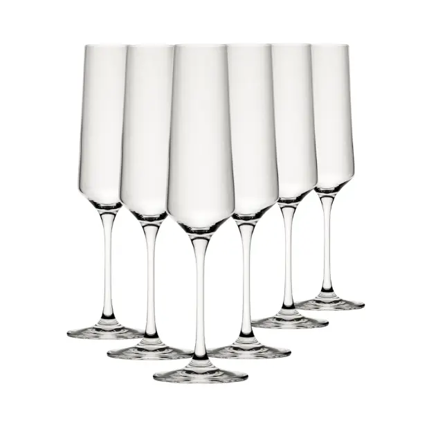 Set of six Murray champagne flute glasses from Glassware UK, 220ml capacity, clear elegant glassware for sparkling wine.