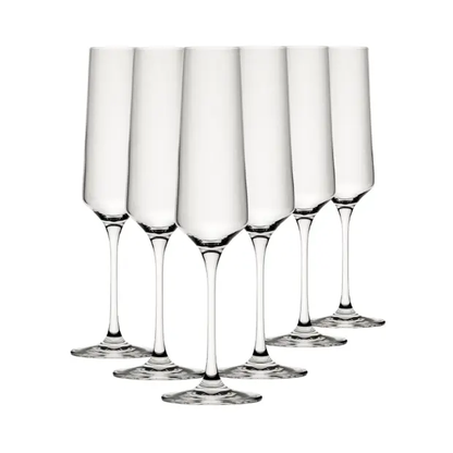 Set of six Murray champagne flute glasses from Glassware UK, 220ml capacity, clear elegant glassware for sparkling wine.