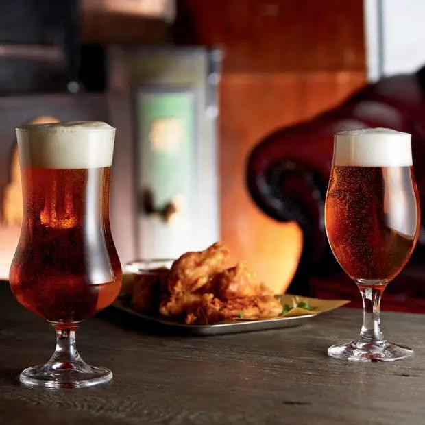 Set of six Draft Stemmed Beer Glasses by Glassware UK, 375ml tankards with clear glass and sturdy stems.