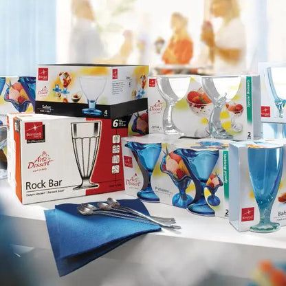 Set of six Bormioli Rocco Rock Bar Coppa dessert glasses, elegant cocktail glasses with a stylish, rounded design for drinks and desserts.