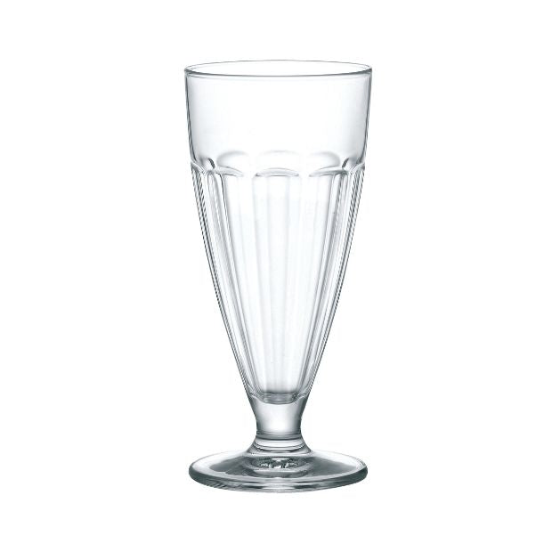 Set of six Bormioli Rocco Rock Bar Coppa dessert and cocktail glasses with clear, elegant design for stylish serving.