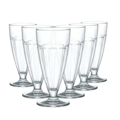 Set of six Bormioli Rocco Rock Bar Coppa dessert and cocktail glasses with elegant, clear glass design for serving desserts or drinks.