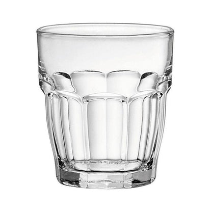 Set of six Bormioli Rocco 215ml whisky tumblers from Glassware UK, clear rock bar juice glasses on a surface.