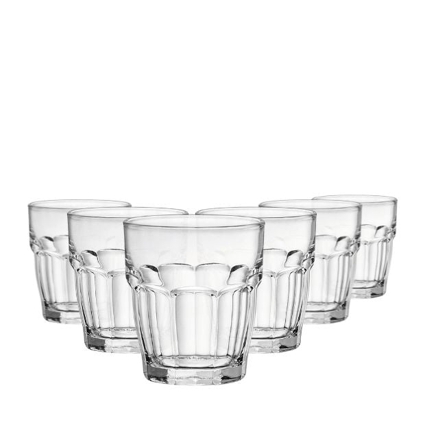 Set of six Bormioli Rocco Rocks Bar juice glasses, 215ml whisky tumblers with clear glass design for stylish sipping.