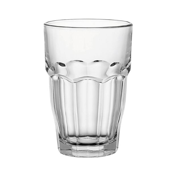 Set of six Bormioli Rocco Rock Bar Cooler Glasses, 478ml whisky tumblers with clear glass design for cocktails and spirits.