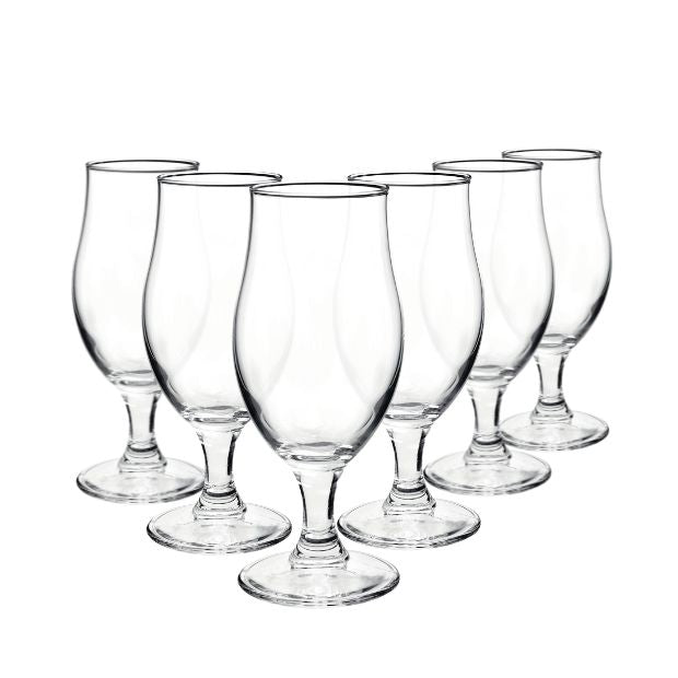 Set of six Bormioli Rocco Executive beer tankards with 375ml capacity, clear glassware perfect for serving cold beers.