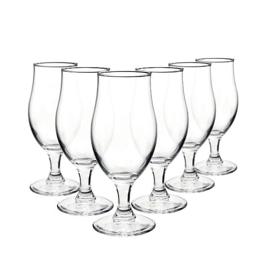 Set of six Bormioli Rocco Executive beer tankards with 375ml capacity, clear glassware perfect for serving cold beers.