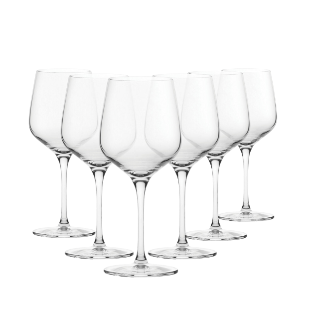 Six Glassware UK Refine All Purpose 440ml wine glasses arranged on a table, showcasing clear, elegant drinkingware for various beverages.