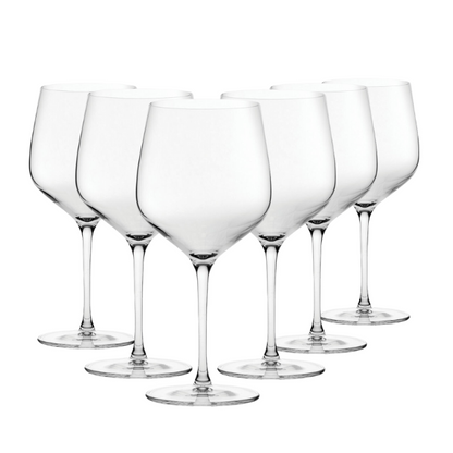 Set of six Burgundy wine glasses by Glassware UK, 625ml capacity, clear stemware with elegant bowl design.