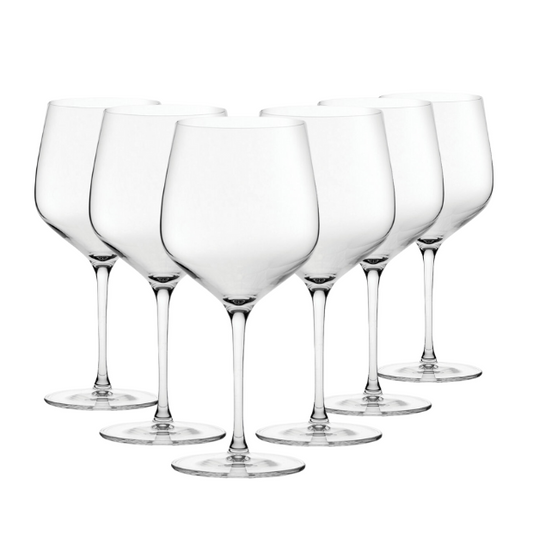 Set of six Burgundy wine glasses by Glassware UK, 625ml capacity, clear stemware with elegant bowl design.