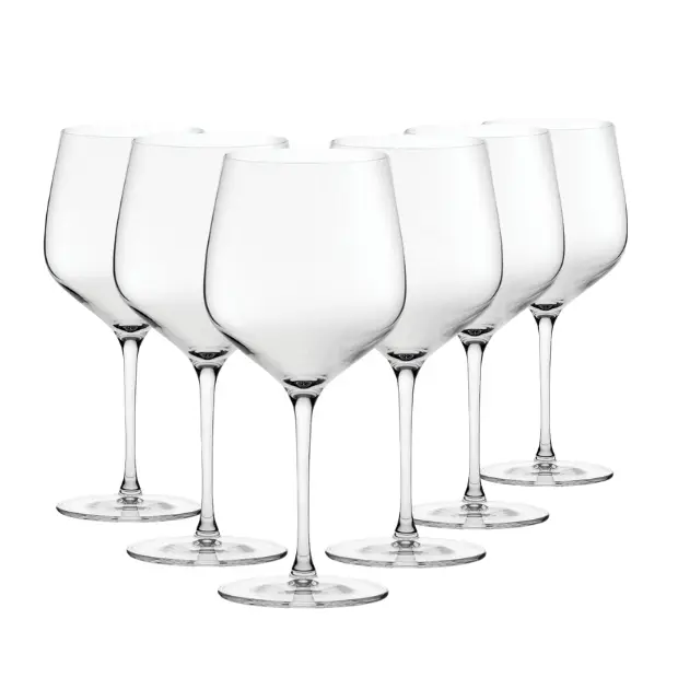 Set of six Burgundy wine glasses by Glassware UK, 625ml each, clear glass with elegant bowl shape for red wine.