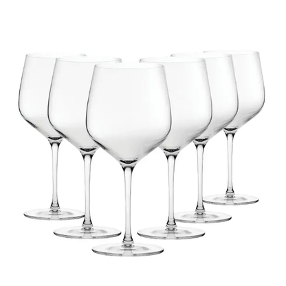 Set of six Burgundy wine glasses by Glassware UK, 625ml each, clear glass with elegant bowl shape for red wine.