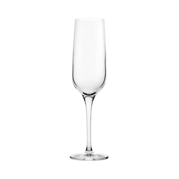 Set of six Glassware UK champagne flutes, 200ml with tall slender stems and clear, polished glass bowls for elegant serving.