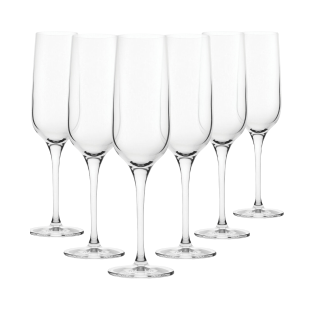Set of six Glassware UK 200ml Refine Champagne Flutes with tall stems and elegant design for celebration.