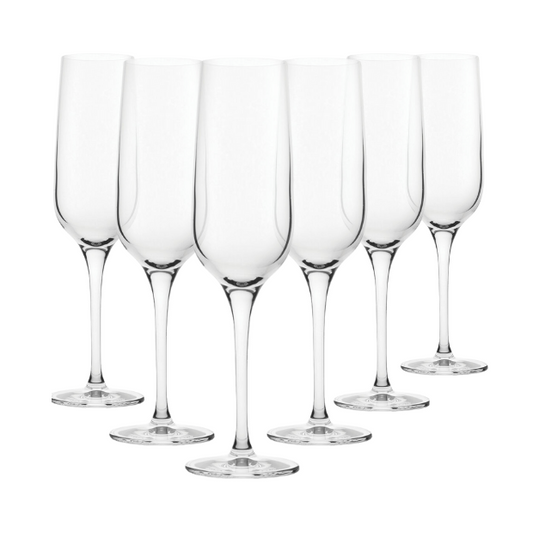 Set of six Glassware UK 200ml Refine Champagne Flutes with tall stems and elegant design for celebration.