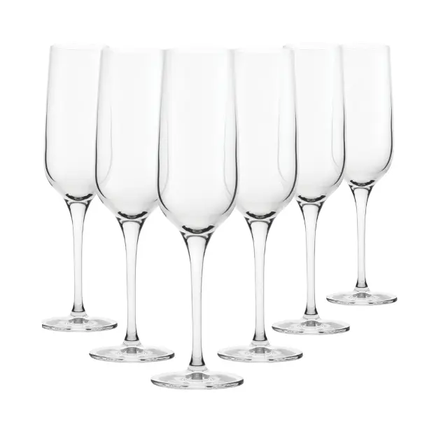 Set of six clear Glassware UK champagne flutes, 200ml, with slender stems and elegant bowl design for serving sparkling wine.