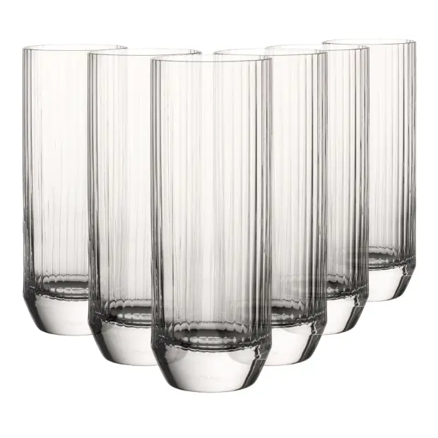 Set of six Glassware UK Big Top Highball glasses, 300ml whisky tumblers with clear glass and wide rims for elegant drinking.