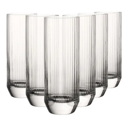 Set of six Glassware UK Big Top Highball glasses, 300ml whisky tumblers with clear glass and wide rims for elegant drinking.