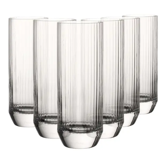Set of six Glassware UK Big Top Highball glasses, 300ml whisky tumblers with clear glass and wide rims for elegant drinking.
