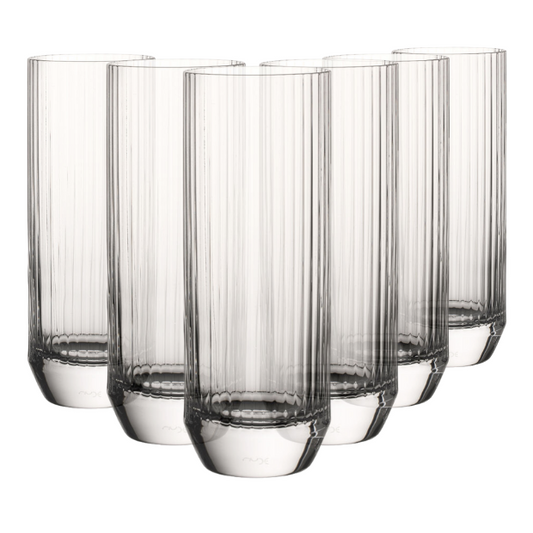 Set of six Glassware UK Big Top highball glasses, 430ml whisky tumblers with clear glass design for drinks and cocktails.