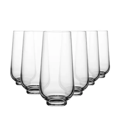 Set of six Glassware UK Hepburn highball glasses, 430ml whisky tumblers with clear glass and sleek design.