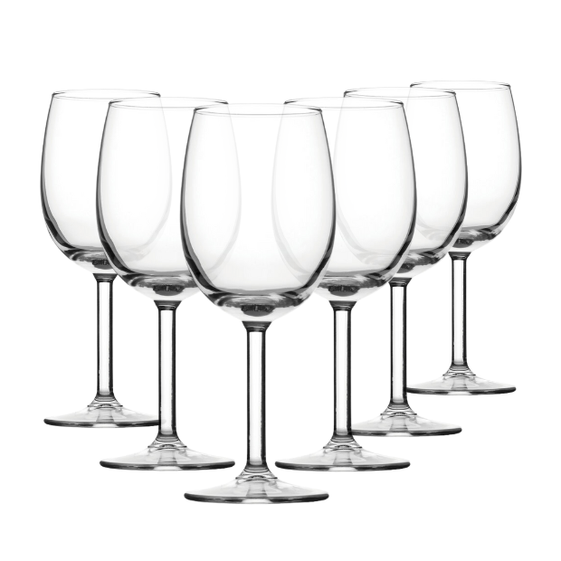 Set of six Glassware UK Primetime red wine glasses, 375ml capacity, clear glass with elegant bowl and stem design.
