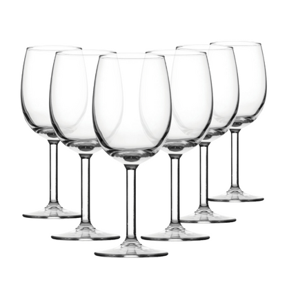 Set of six Glassware UK Primetime red wine glasses, 375ml capacity, clear glass with elegant bowl and stem design.