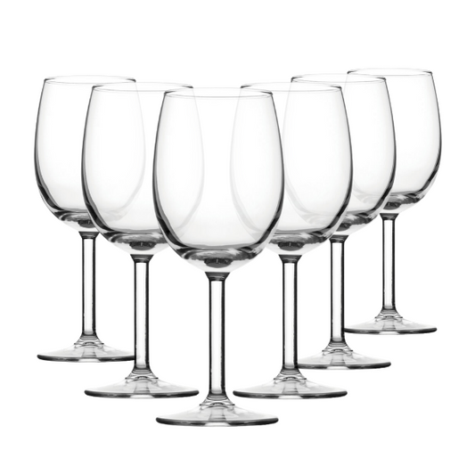 Set of six Glassware UK Primetime red wine glasses, 375ml capacity, clear glass with elegant bowl and stem design.