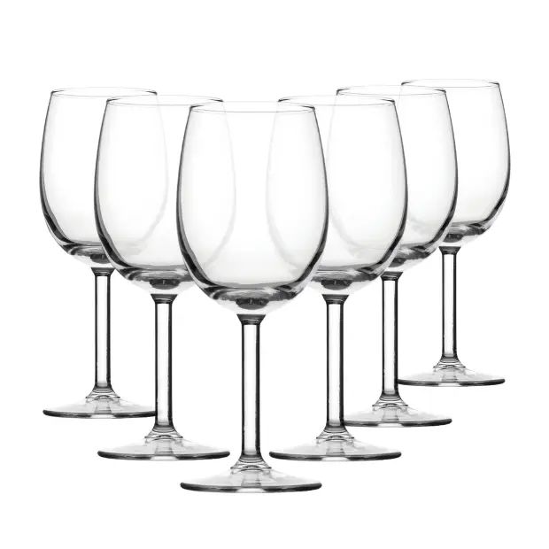 Set of six Primetime red wine glasses by Glassware UK, 375ml, clear glass with elegant stem and bowl design for wine serving.