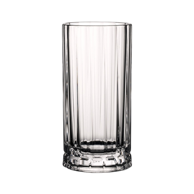 Set of six Glassware UK Wayne highball glasses, 360ml whisky tumblers with clear glass and straight sides, perfect for cocktails and spirits.