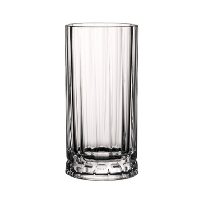 Set of six Glassware UK Wayne highball glasses, 360ml whisky tumblers with clear glass and straight sides, perfect for cocktails and spirits.