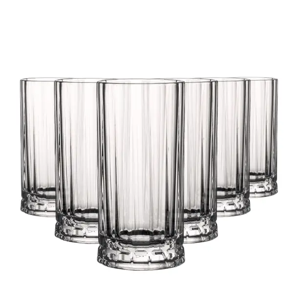 Set of six Glassware UK Wayne highball glasses, 250ml capacity, clear glass with a sleek cylindrical shape for beverages.